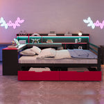 Wooden Sofa Bed with Desk, Bookshelf, Storage and LED, 140x200cm, Black and Red Wood