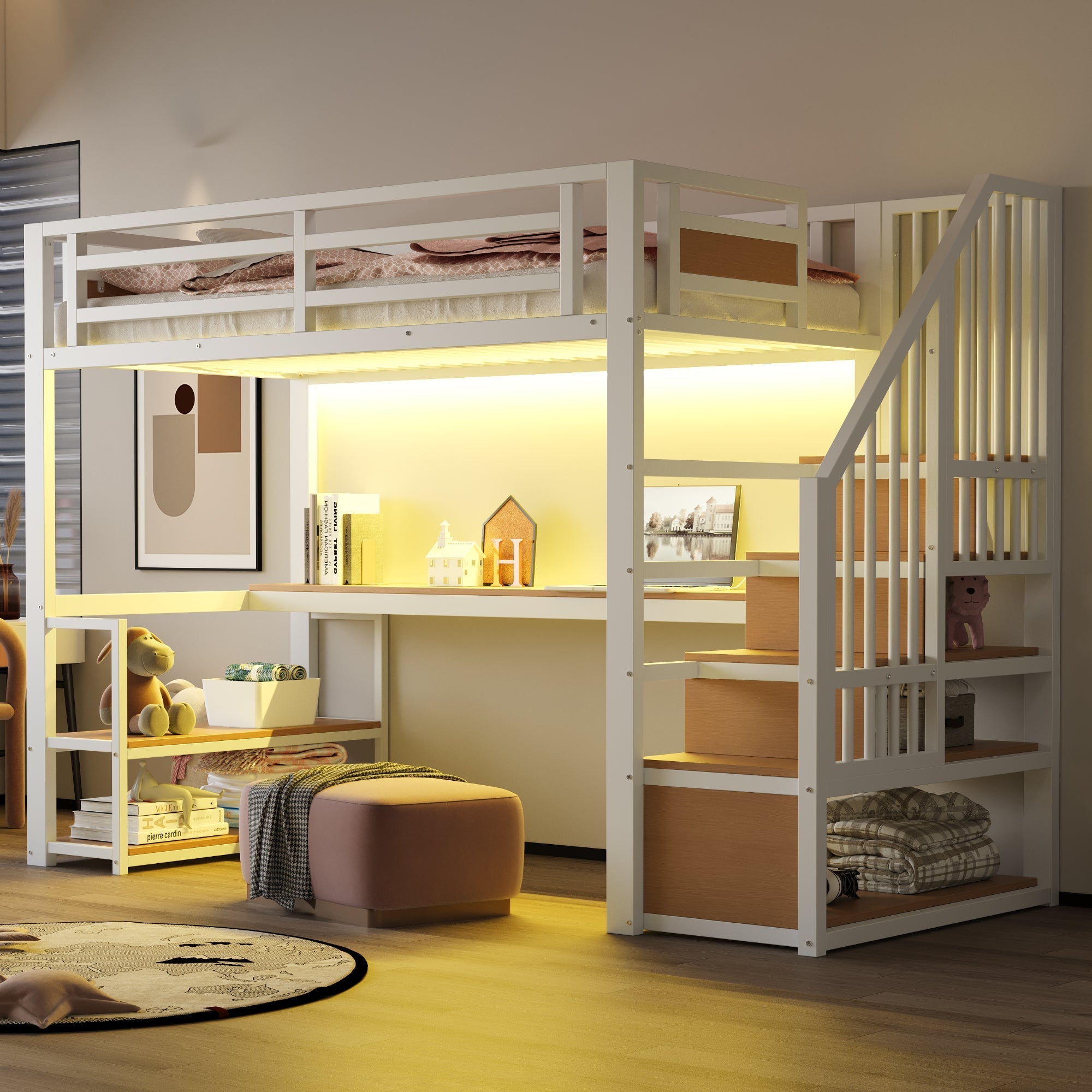 Metal Loft Bed with LED Light, Power Socket, Storage Ladder, Shelves and Desk, 90x200cm, White Metal