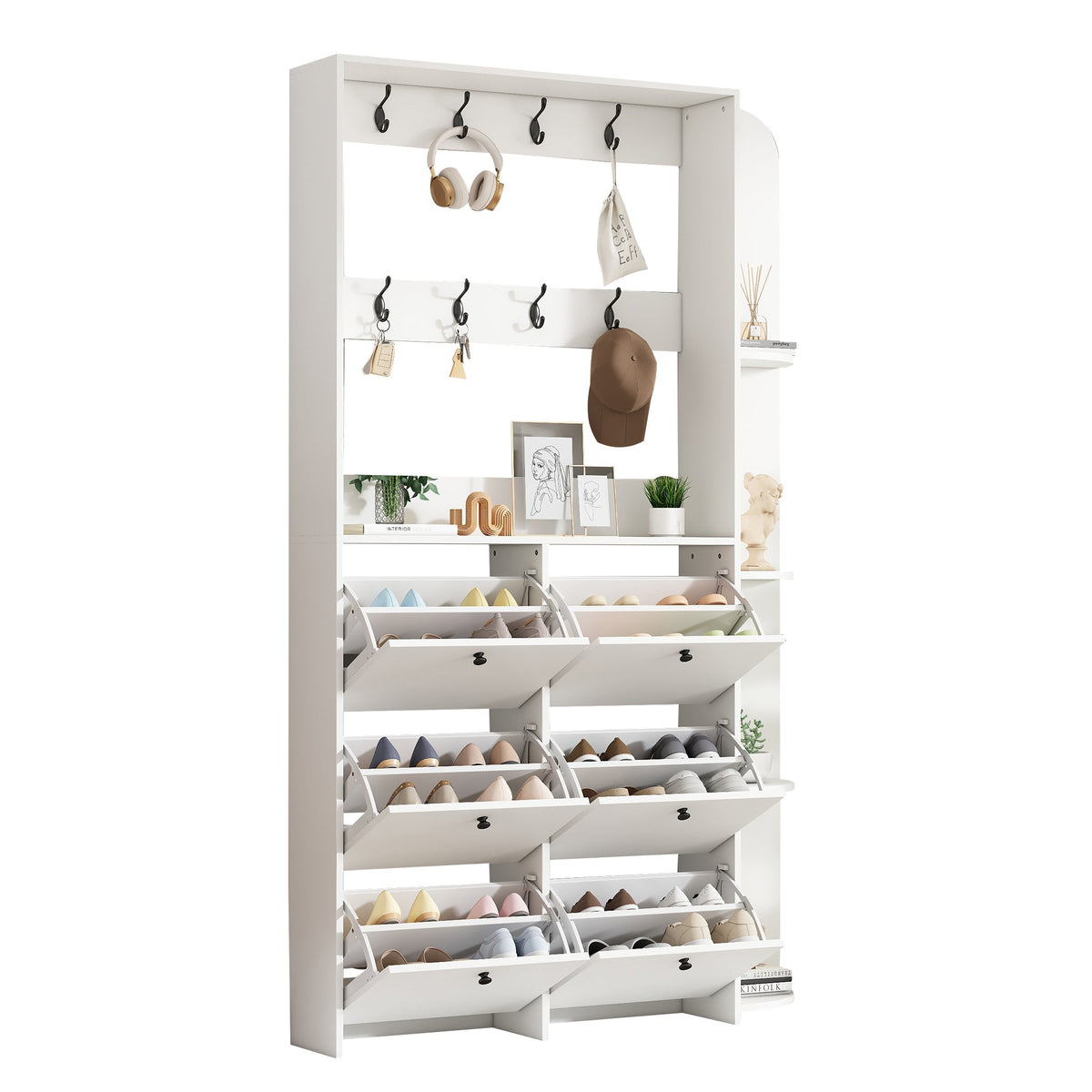 Hallway Cabinet 3-in-1 Shoe Cabinet 8 Hooks 5 Shelves - White
