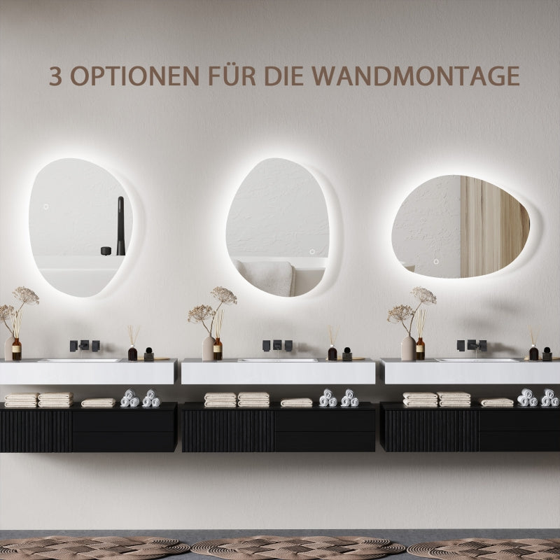 Asymmetrical Bathroom Mirror, LED Light, Smart Touch, Anti-Fog, Silver
