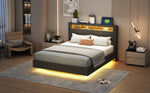 Upholstered Bed 140x200cm, USB & LED, Reversible Headboard, Linen Fabric Grey