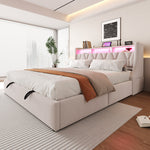 Upholstered Bed 180 x 200 cm, Hydraulic Storage with Fold-Down Headboard and LED Lighting, Beige Velvet