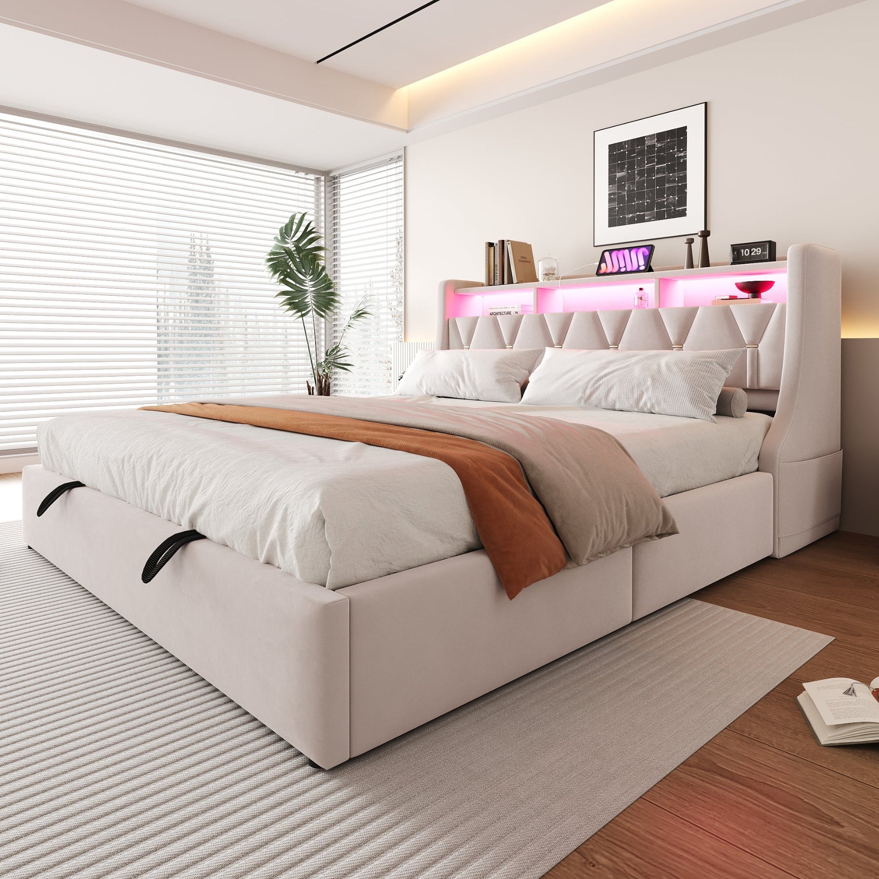 Upholstered Bed 180 x 200 cm, Hydraulic Storage with Fold-Down Headboard and LED Lighting, Beige Velvet