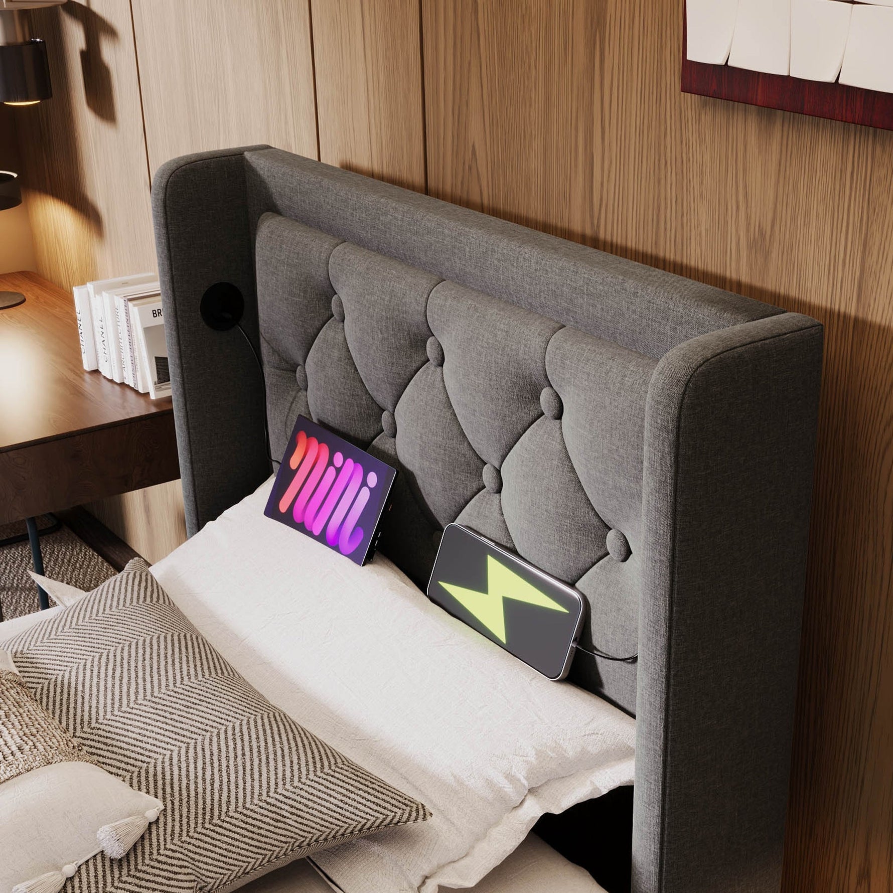 Upholstered Single Bed, Hydraulic Storage with USB & LED, Gray Cotton