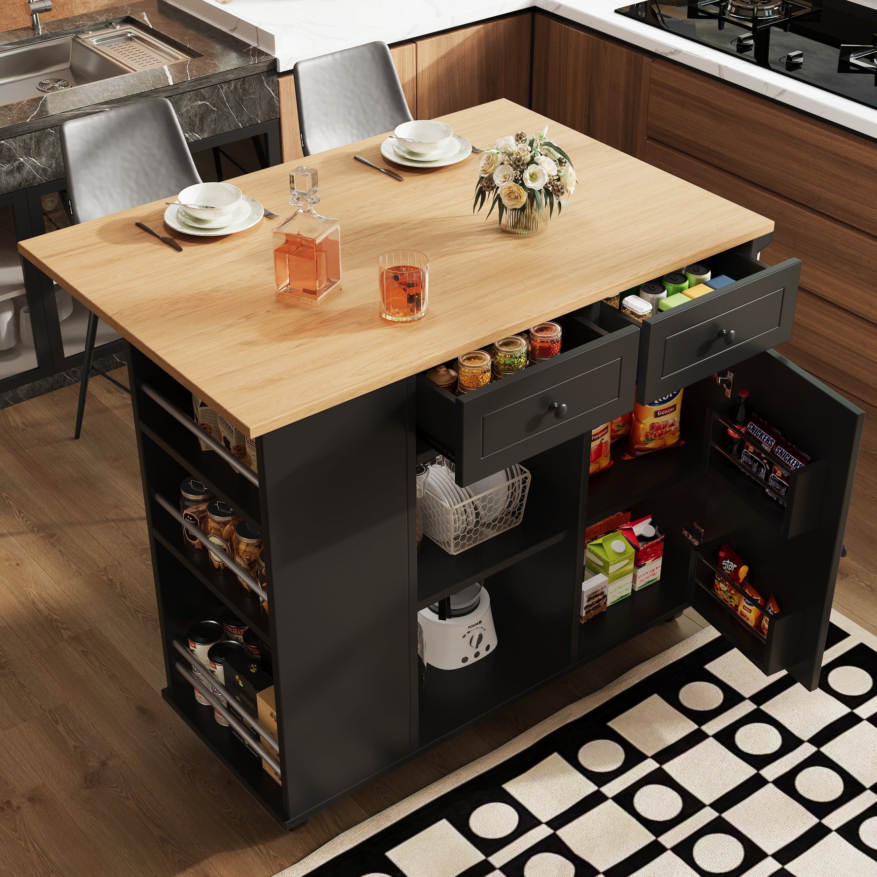 Kitchen Island Mobile Removable Partitions Wine Rack - Black Wood Grain
