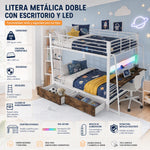 Loft Bed 140x200 cm with Desk, 2 Drawers & LED, White Metal