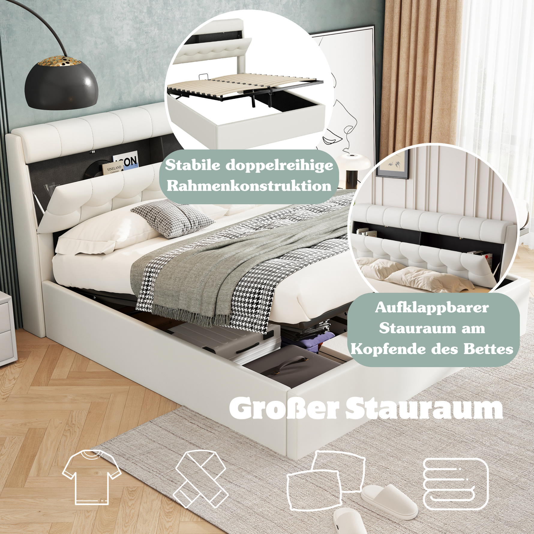 Upholstered Bed 160x200cm Hydraulic & Concealed Headboard Storage PU - White