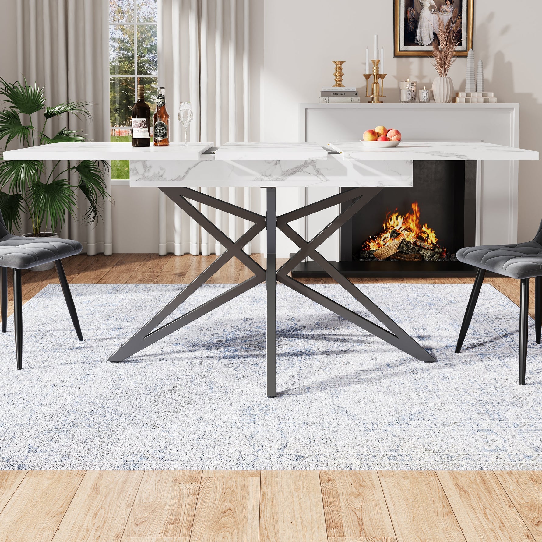Dining Table Set Extendable 120/160cm 4 Chairs Diagonal Velvet - Dark Grey