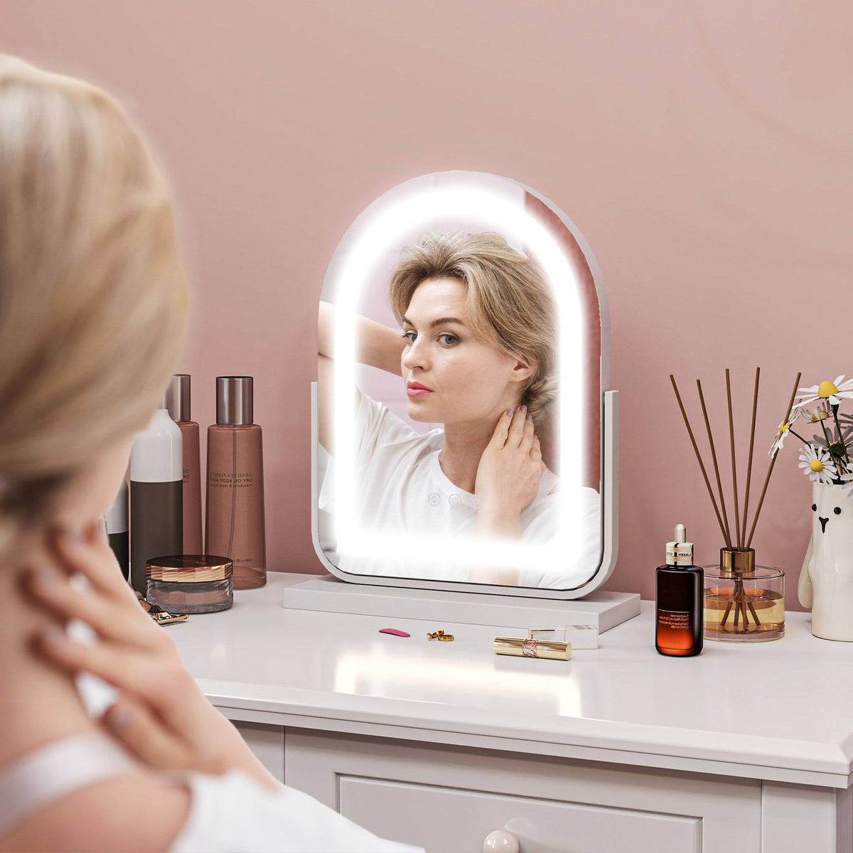 Cosmetic Mirror, LED Light 3 Colors 360° Rotatable, White Metal Frame