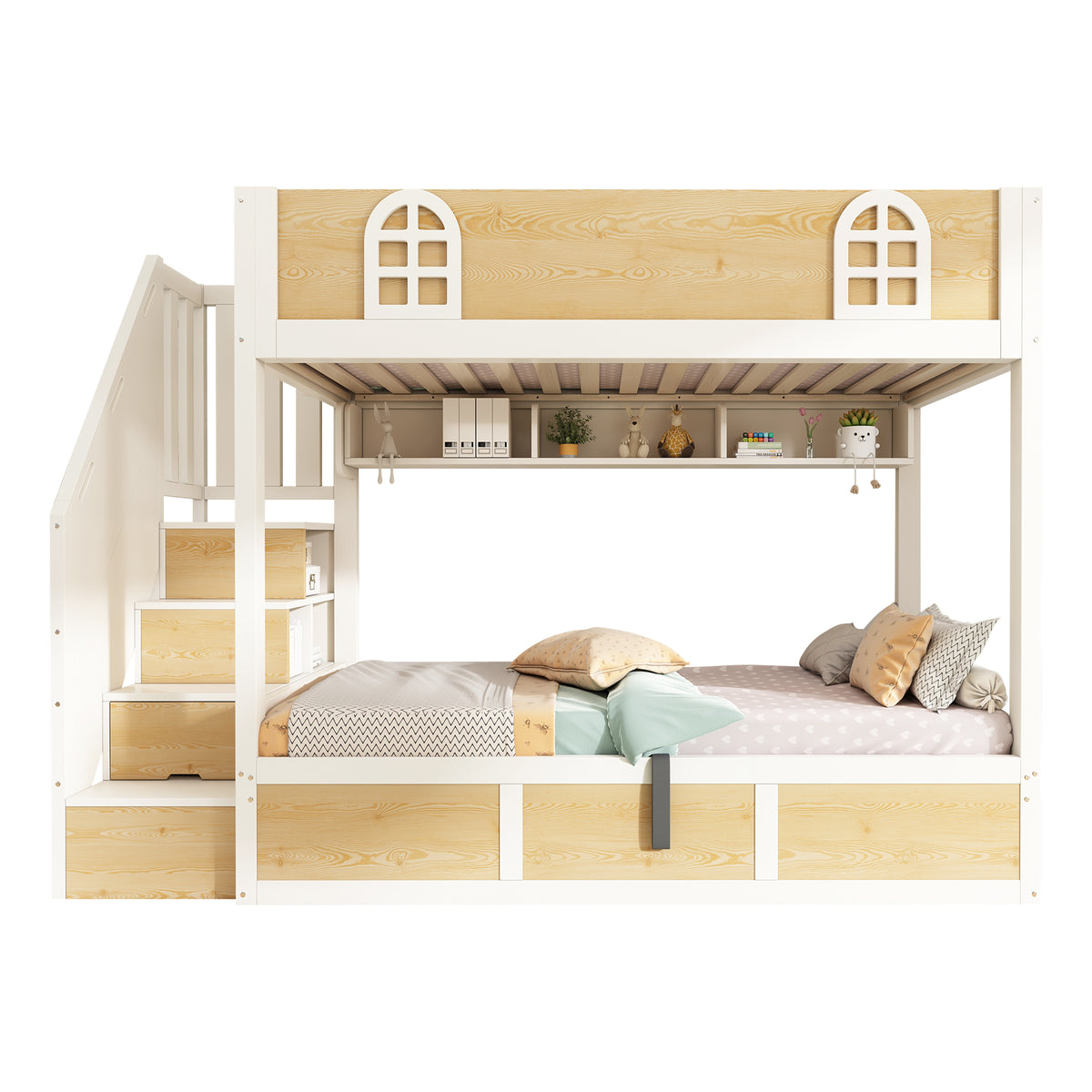 Children's Bunk Bed 90x200cm with Storage Staircase, White & Natural