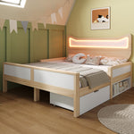 Children's Bed with Cat Ear Headboard, RGB LED Lighting, Storage Drawer and Safety Rails, 140x200cm, White and Oak