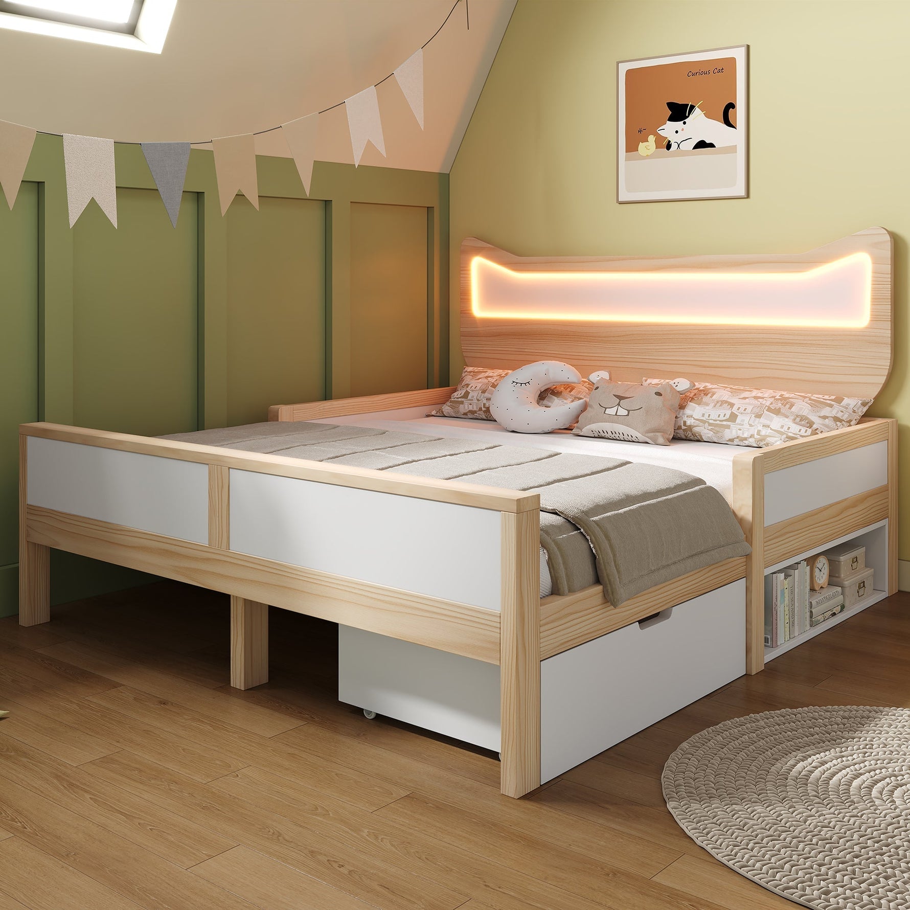 Children's Bed with Cat Ear Headboard, RGB LED Lighting, Storage Drawer and Safety Rails, 140x200cm, White and Oak