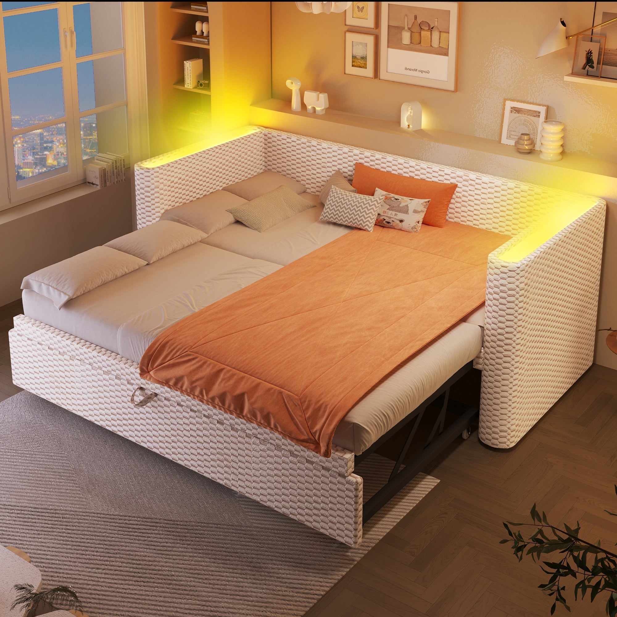 Daybed Sofa Bed 90/180x200cm Pull-out Bed Multifunctional LED Light - Velvet Beige