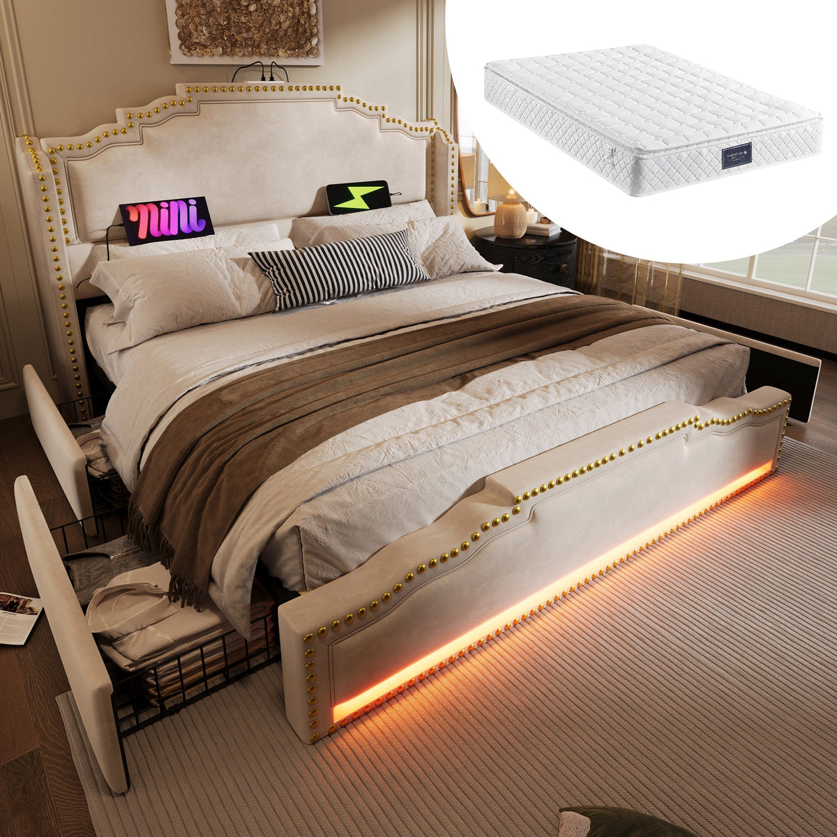 Upholstered Bed 160x200, 4 Drawers, LED, USB-C, Velvet Beige
