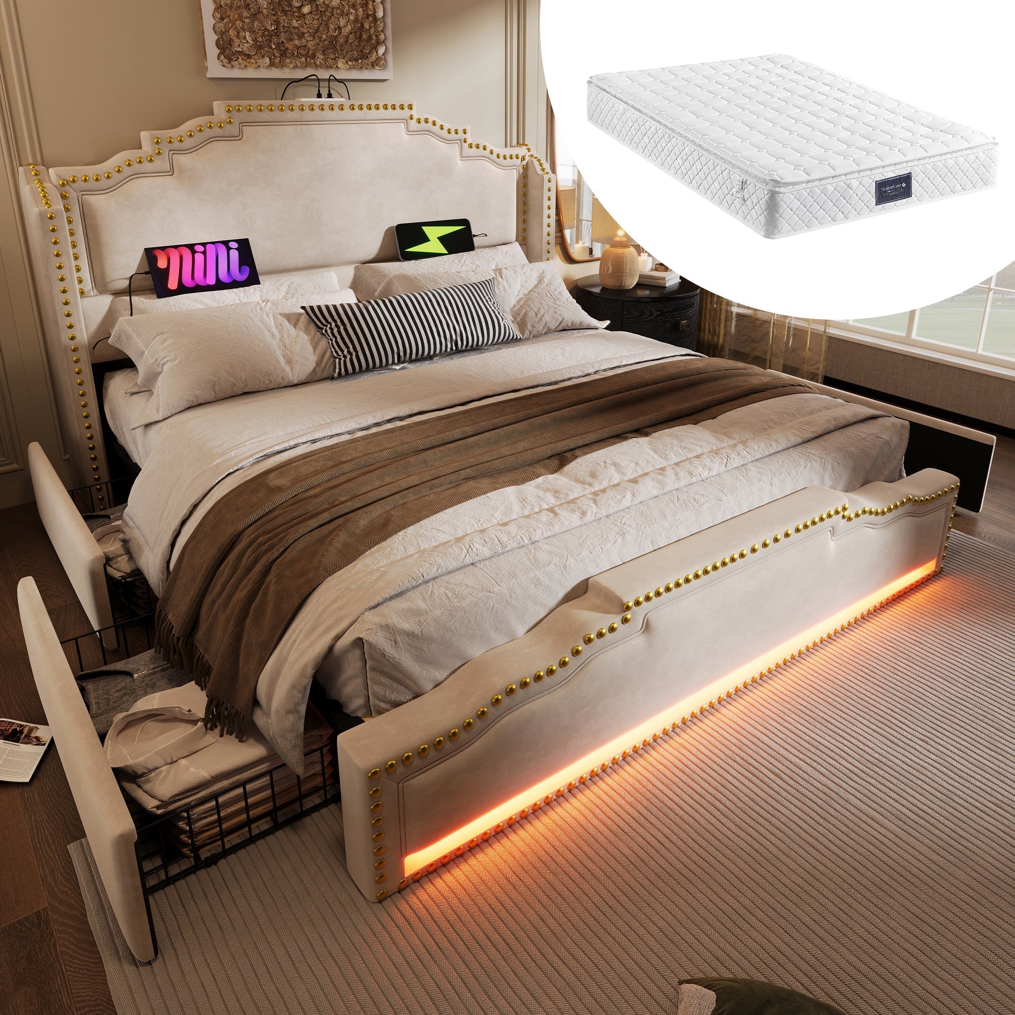 Upholstered Bed 140x200, Double with 4 Drawers, LED & USB-C, Beige Velvet