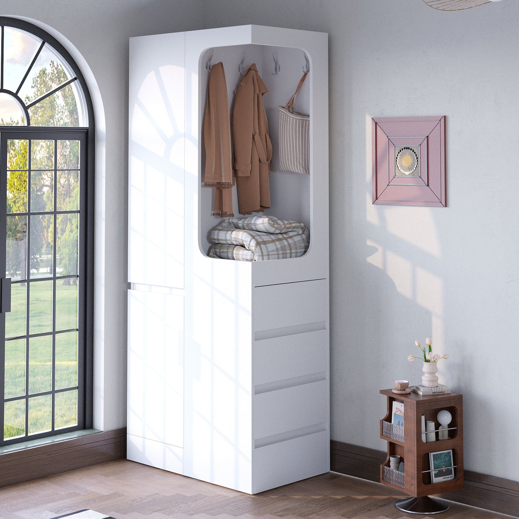 Wardrobe with Drawers and Open Storage, 70x40x170cm, White