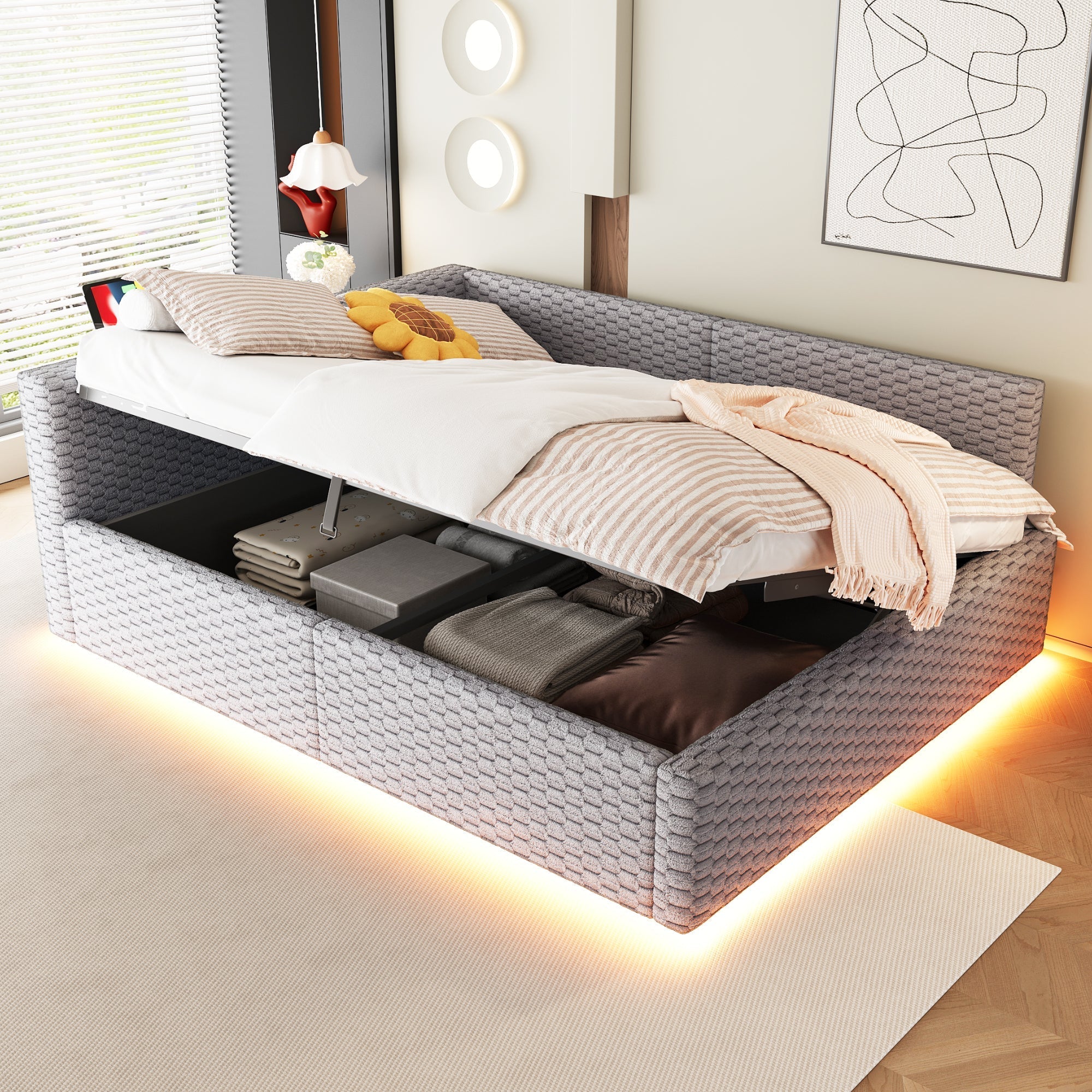 Upholstered Bed with LED, USB-C/USB and Hydraulic Storage, 140x200cm, Grey Velvet