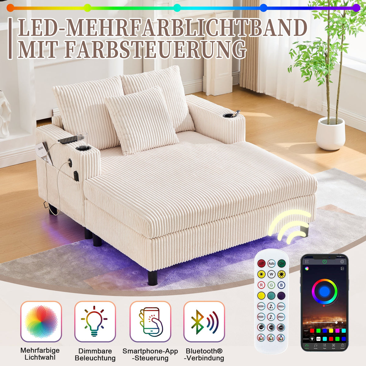 Chaise Longue Recliner with Cupholders, USB, LED Lighting, Soft