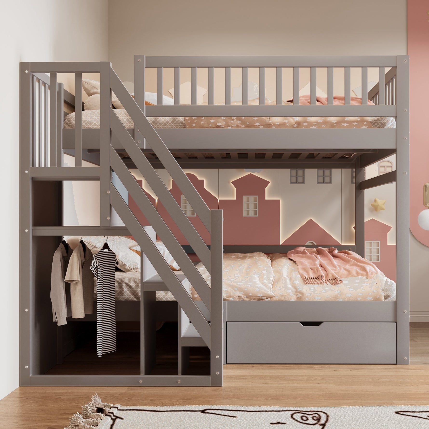 Solid Wood Bunk Bed 140x200cm High Safety Rail Storage Ladder Drawers, Grey