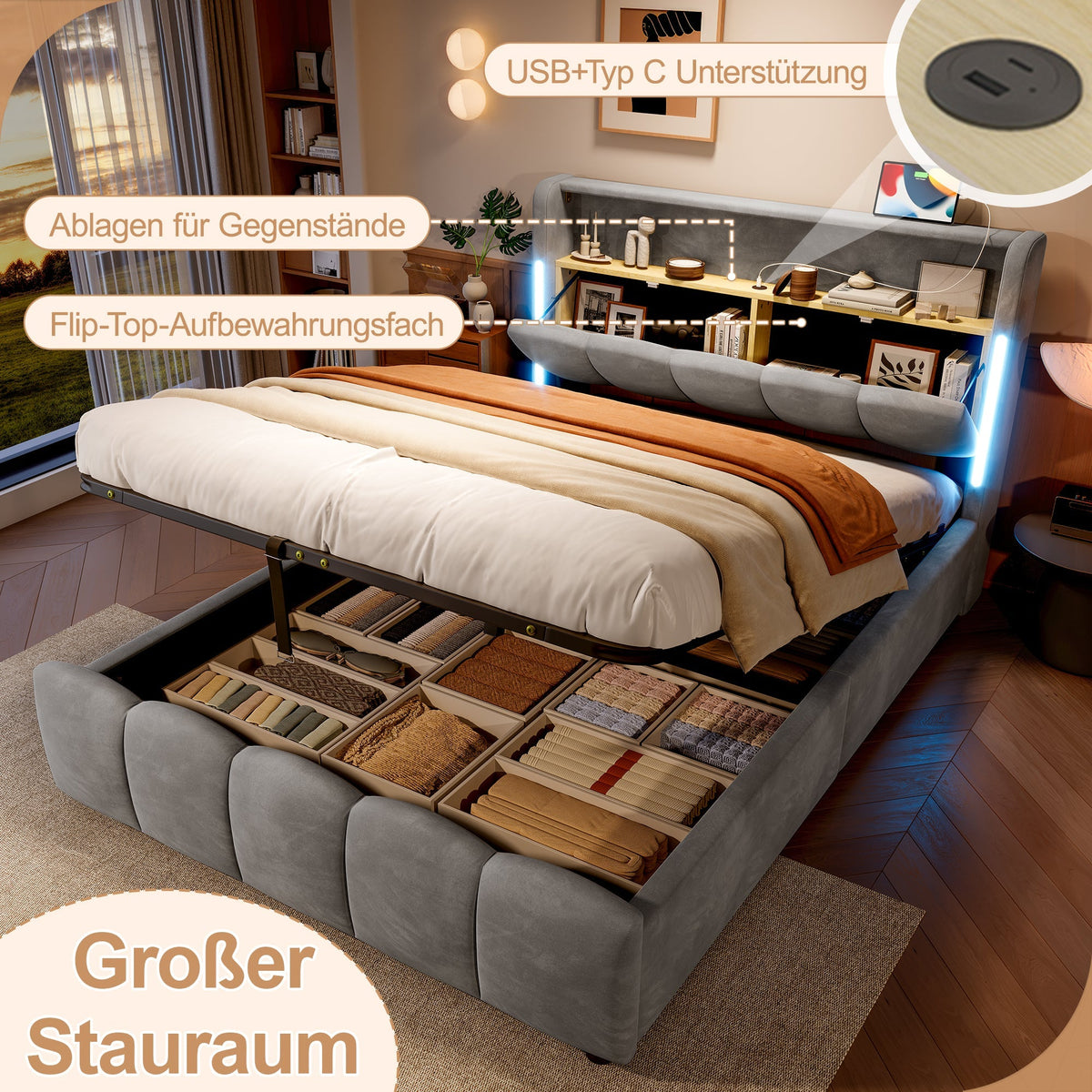 Upholstered Bed 140x200cm Hydraulic Storage LED Headboard USB/Type-C Velvet Grey