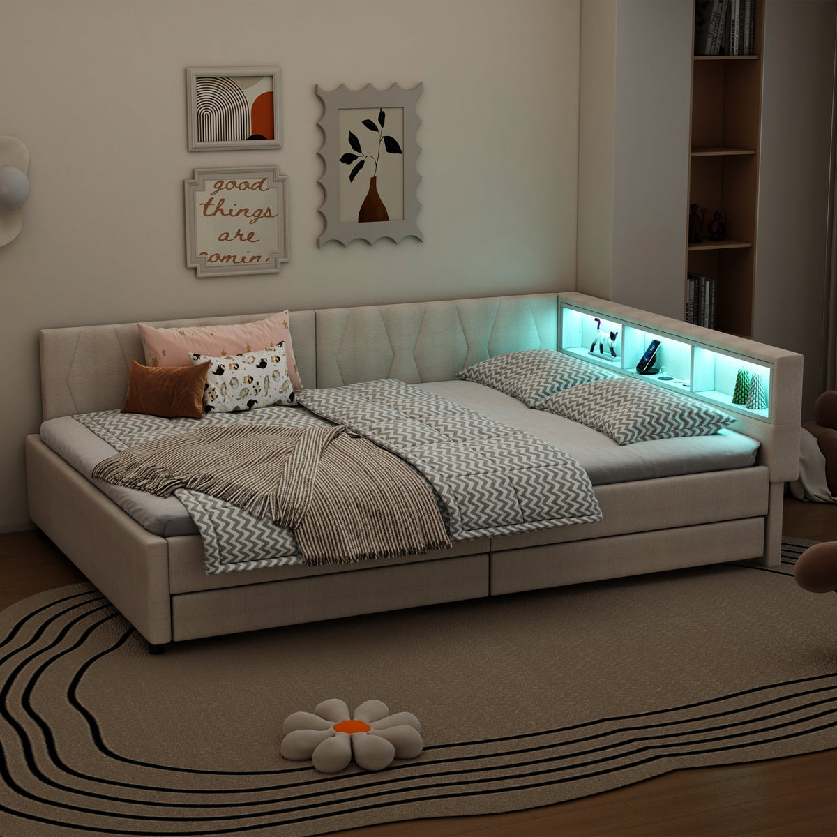Daybed Sofa Bed 140x200cm Storage USB/Type-C LED 2 Drawers - Linen Beige