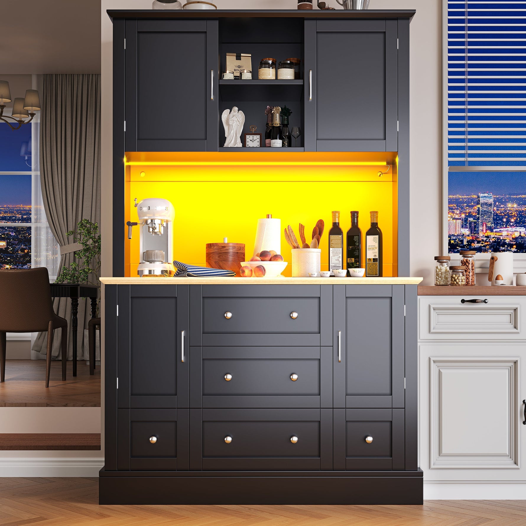 Tall Cabinet 115x180cm with LED App Control & Music, 4 Doors 5 Drawers Display Storage, Black