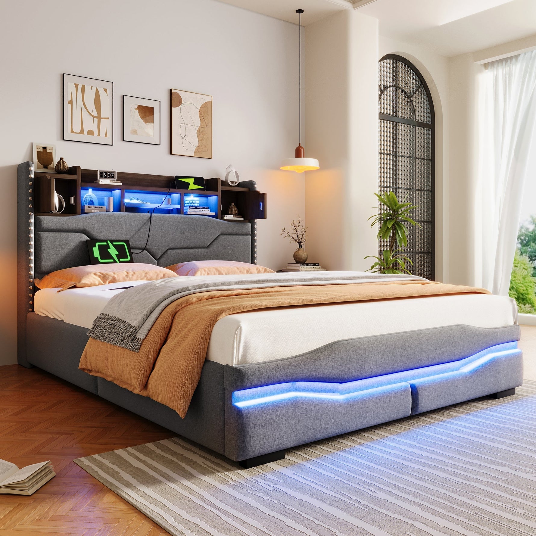 Upholstered Bed with USB-C Charging, LED Ambient Lighting and Hydraulic Storage, Grey