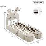 Upholstered Single Bed, Bunny Ears LED Light Storage Stools, Velvet Beige, 90x200cm