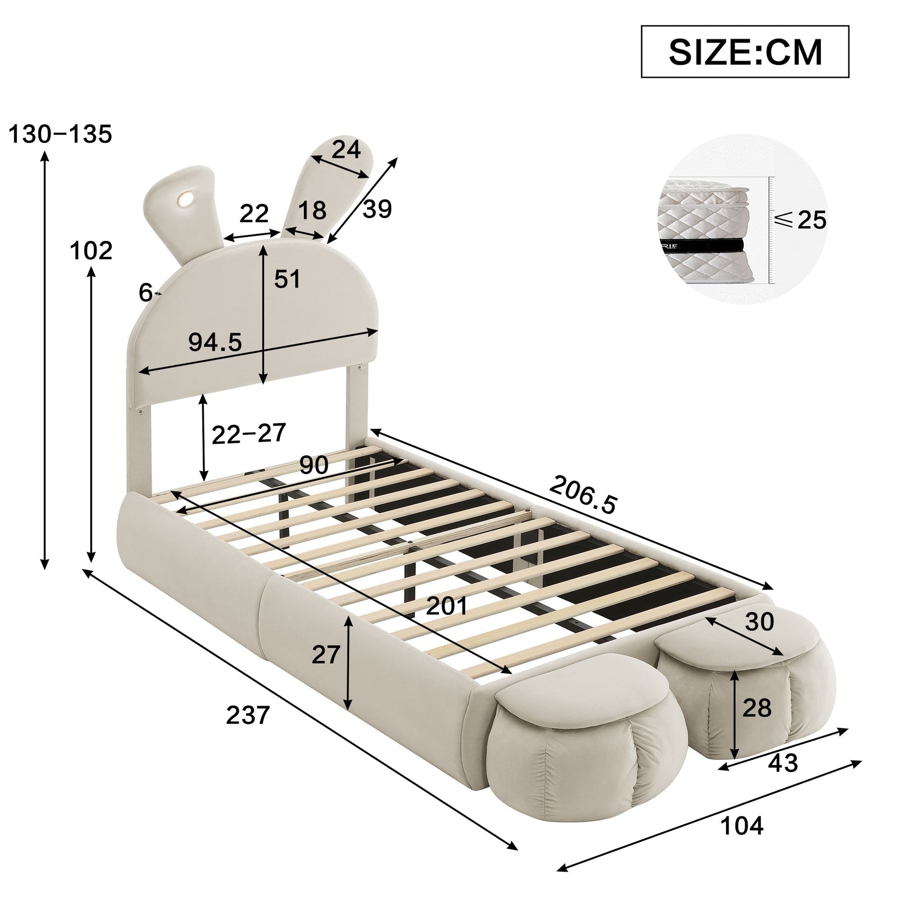 Upholstered Single Bed, Bunny Ears LED Light Storage Stools, Velvet Beige, 90x200cm