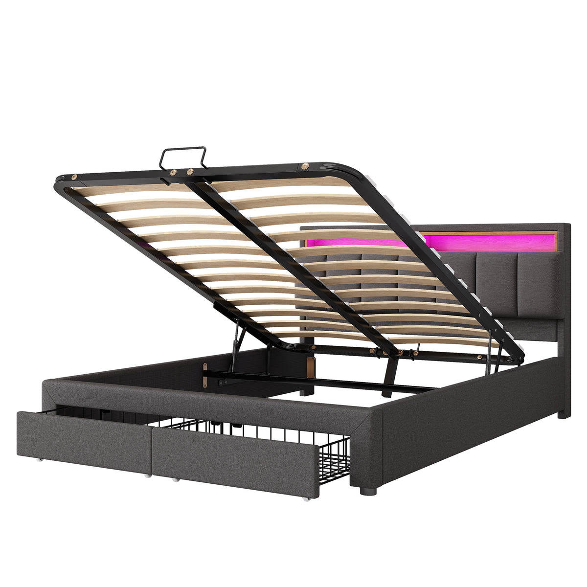 Upholstered Bed 180x200cm with Hydraulic Storage & LED, Grey Linen