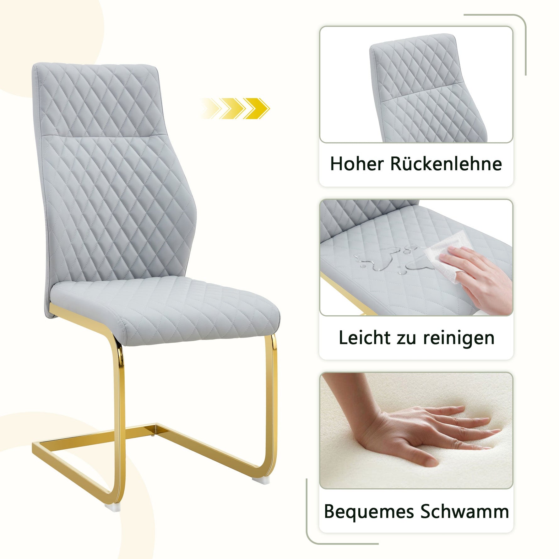 Dining Chair Set of 2, High Backrest and Gold Metal Frame, Light Grey PU Leather