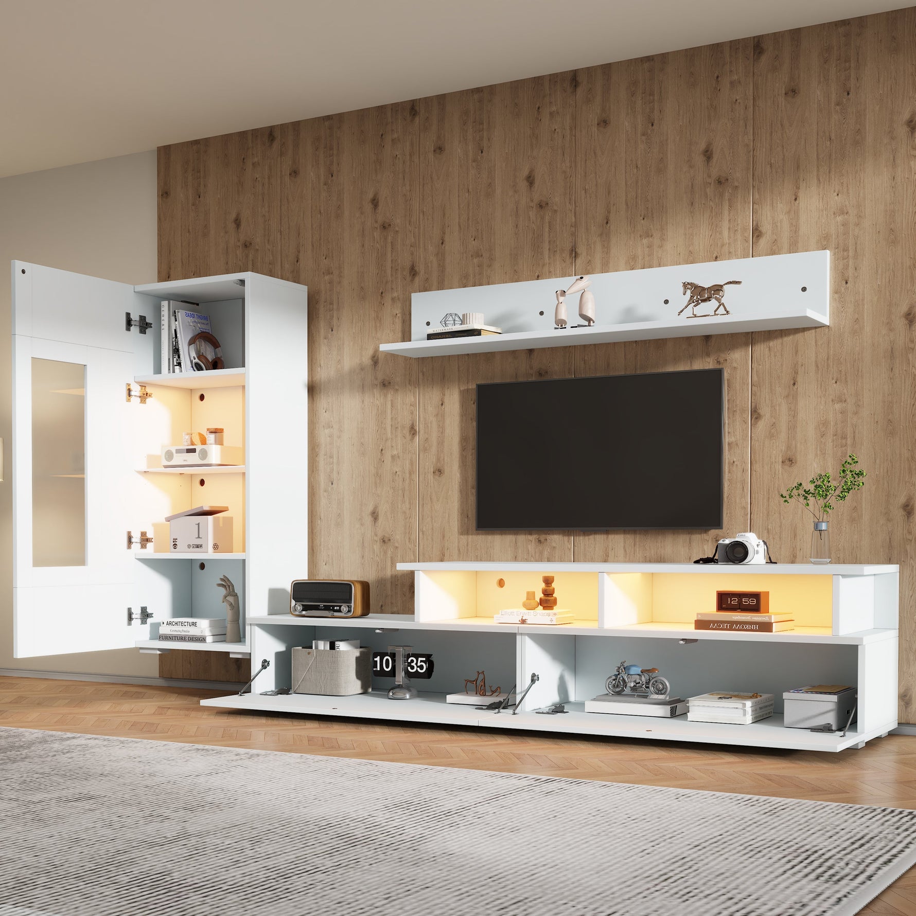 3-Piece TV Wall Unit Set with LED Lighting and High-Gloss Finish, White