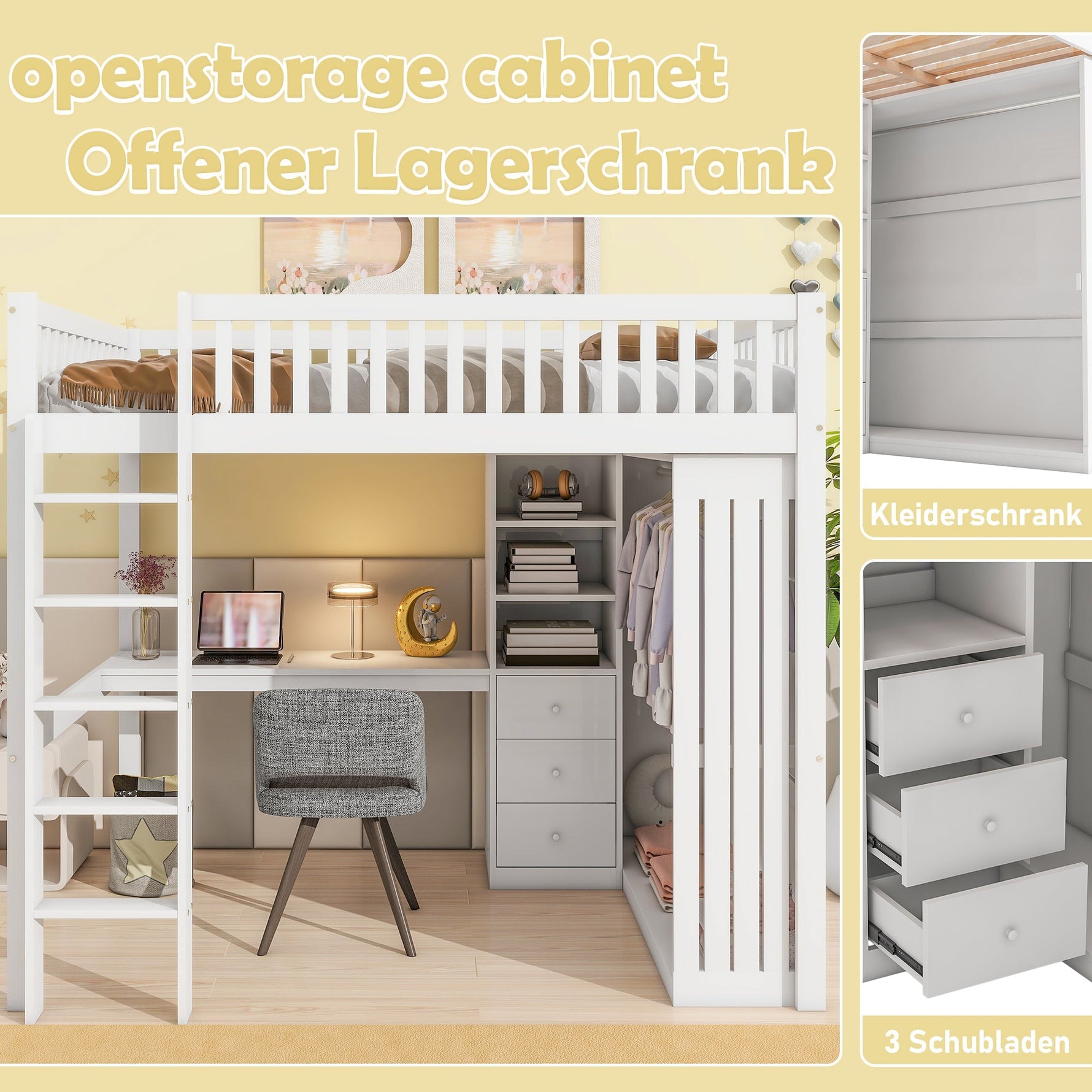 Loft Bed 140x200cm Desk Wardrobe 3 Drawers Storage Stairs - White