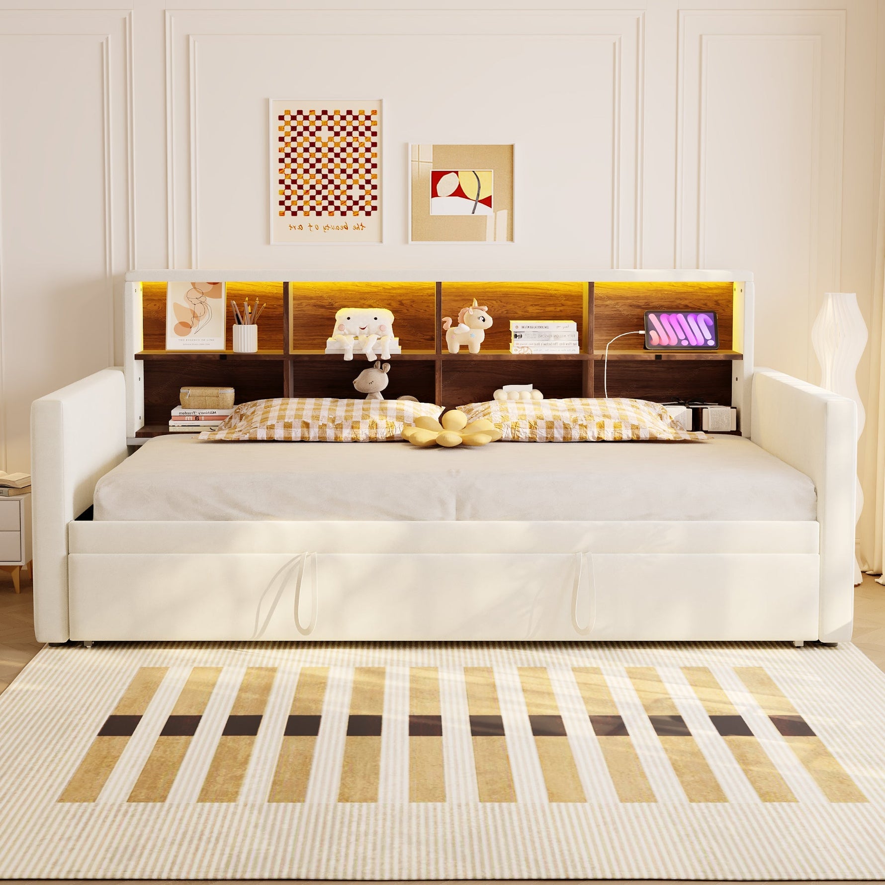 Upholstered Sofa Bed 90x190cm with Storage Headboard, LED and Charging Ports, Beige Velvet