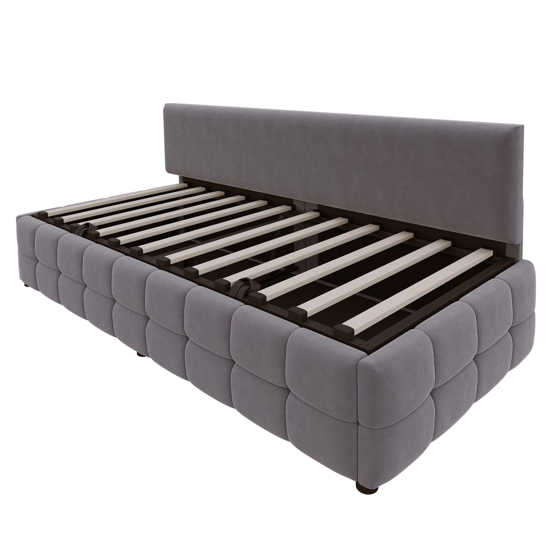 Upholstered Sofa Bed 90x200cm, Hydraulic Storage, Backrest, Check Pattern, Dark Grey Velvet