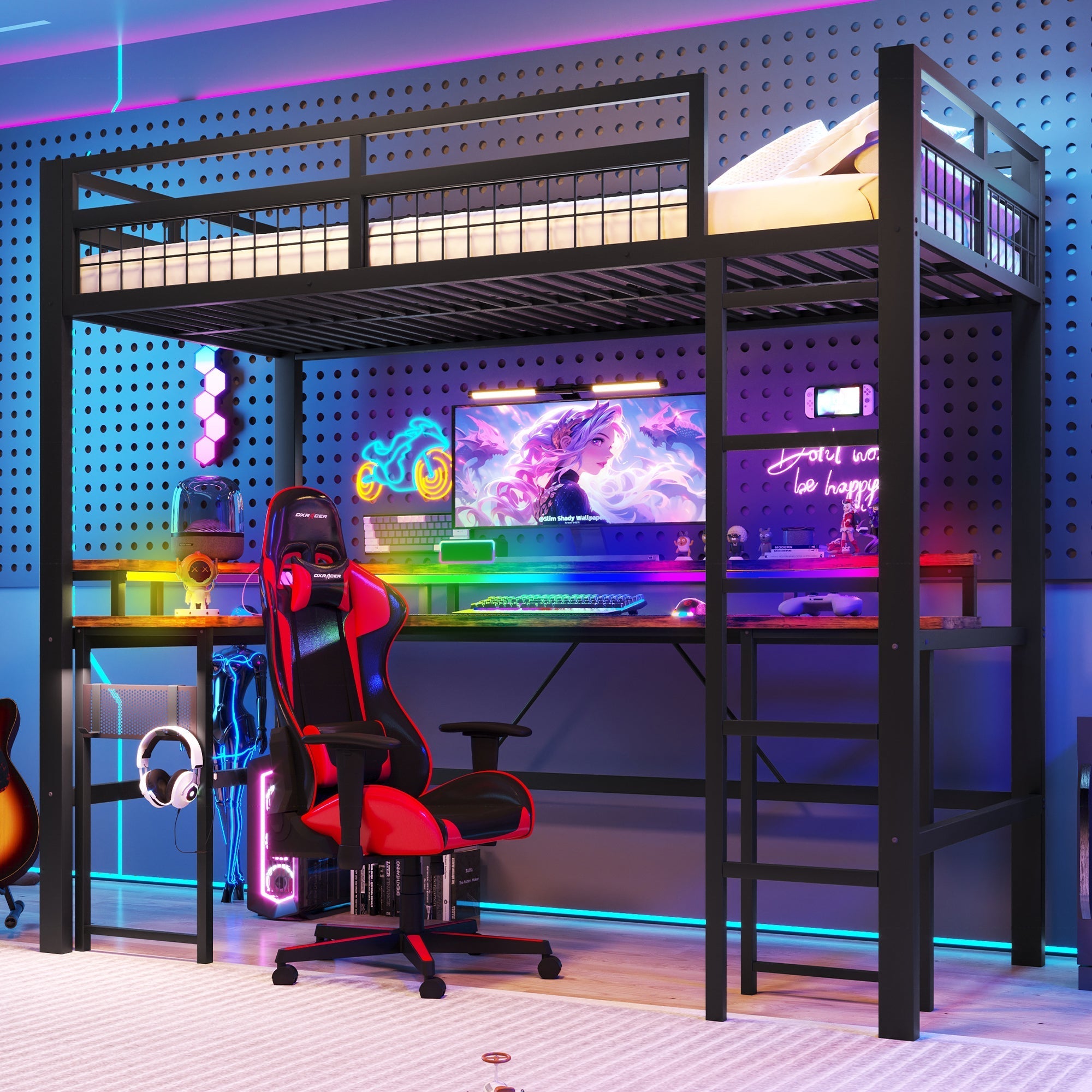 Loft Bed with Desk, LED Lights and Charging Ports, 90x200 cm, Black Iron