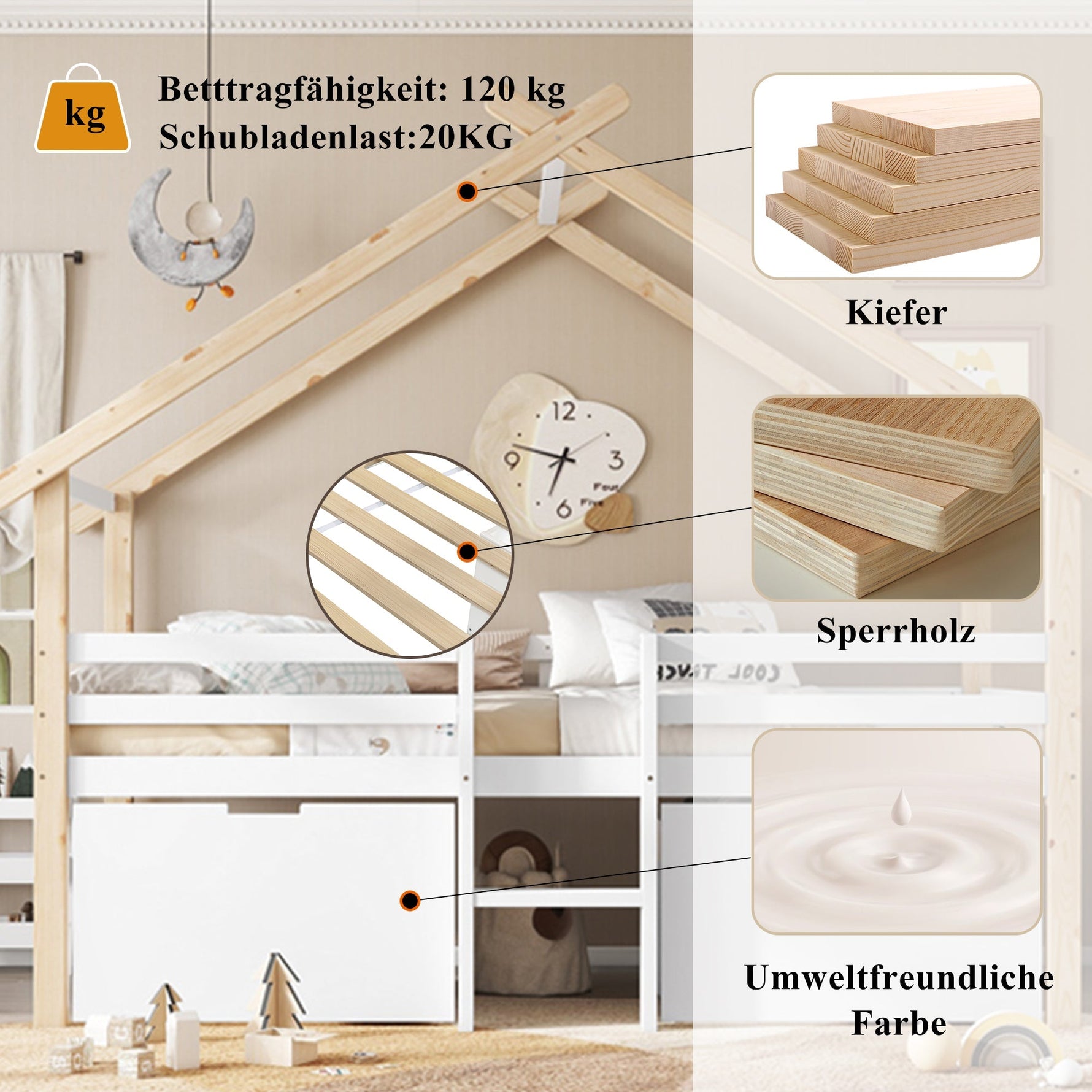 Children's Mid-Sleeper House Bed with Stairs, Storage Lockers, 90x200cm, Pine+MDF White/Natural