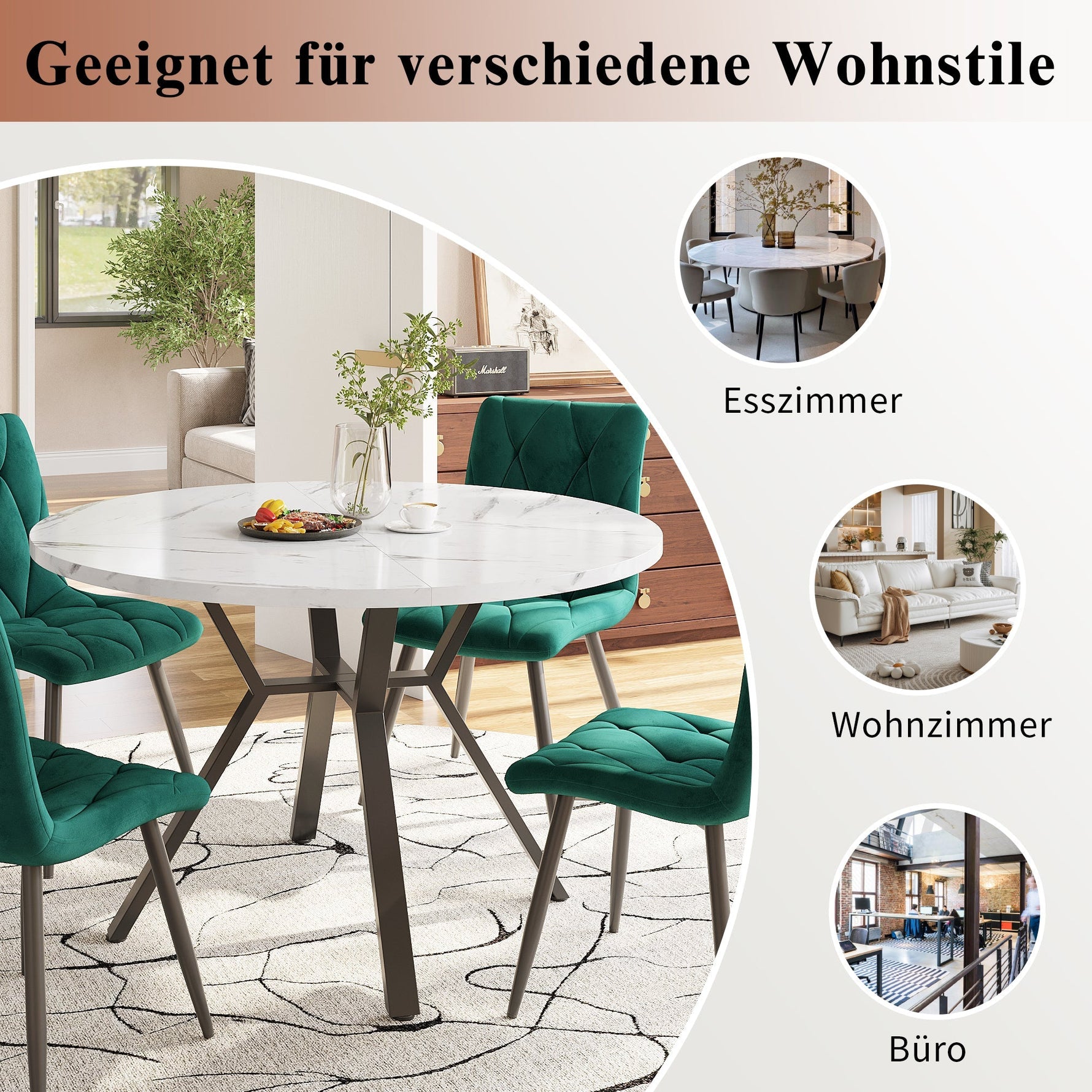 Dining Table Set 5-Piece Round Marble 4 Chairs Black Metal Legs Green Suede