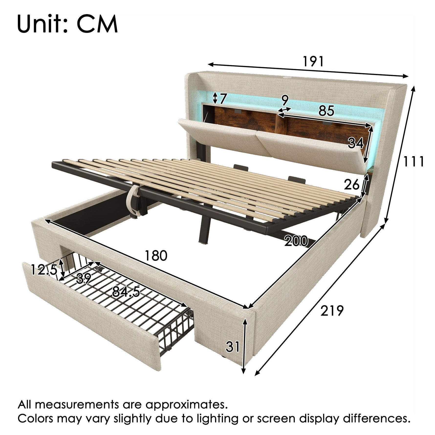 Upholstered Bed 180x200cm Hydraulic Storage LED USB/USB-C Headboard with Compartment Beige Linen