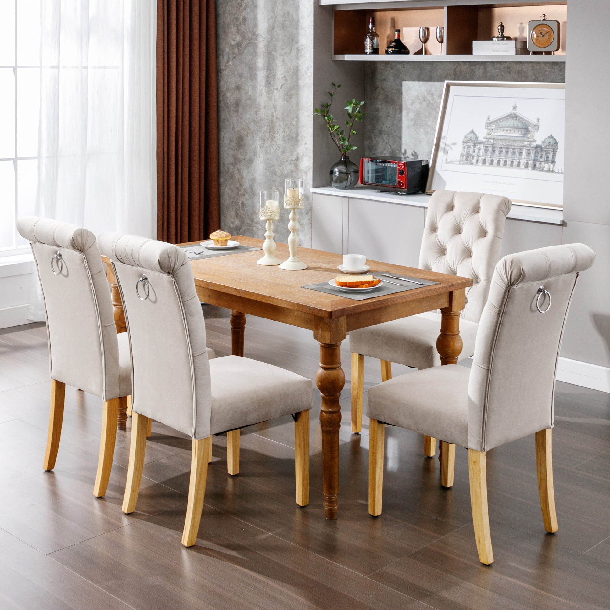 Velvet Dining Chairs Set of 4 with Oak Legs and Chrome Knocker Beige