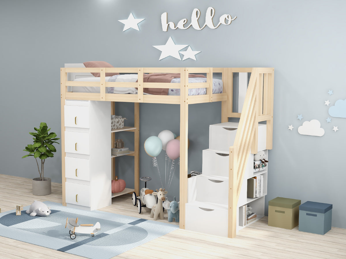 Loft Bed, 90 x 200 cm with Storage & Ladder, Solid Wood