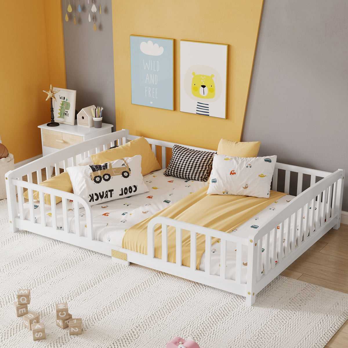 Floor Bed 140x200 cm with Safety Railings - Pine Wood, White