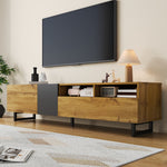 Colorblock TV Cabinet, 3 Doors 2 Compartments U-shaped Metal Legs, Retro Wood Grain