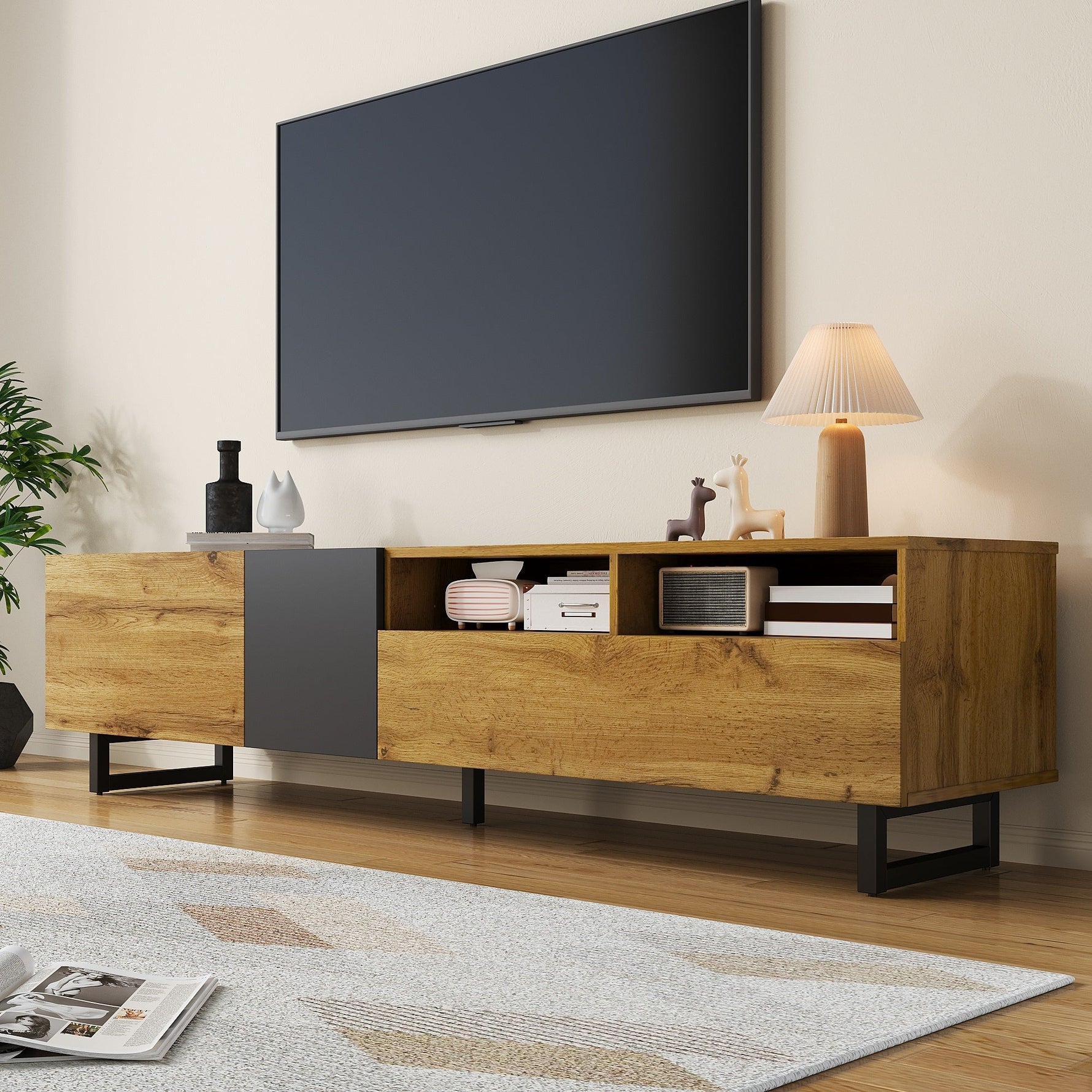 Colorblock TV Cabinet, 3 Doors 2 Compartments U-shaped Metal Legs, Retro Wood Grain
