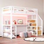 Metal Loft Bed with LED Light, Power Socket, Storage Ladder, Shelves and Desk, 90x200cm, White Metal