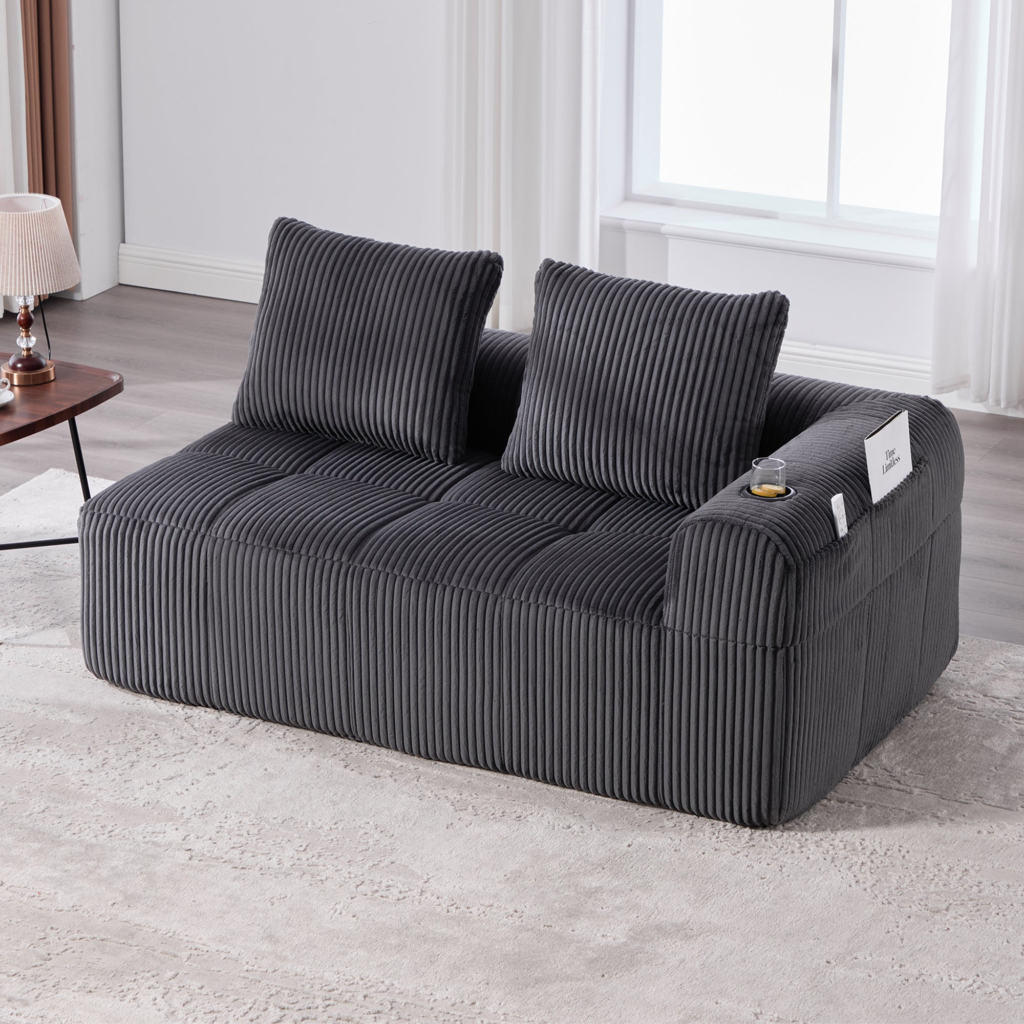 Two-Seater Sofa with Storage Pocket & Drink Holder - Corduroy