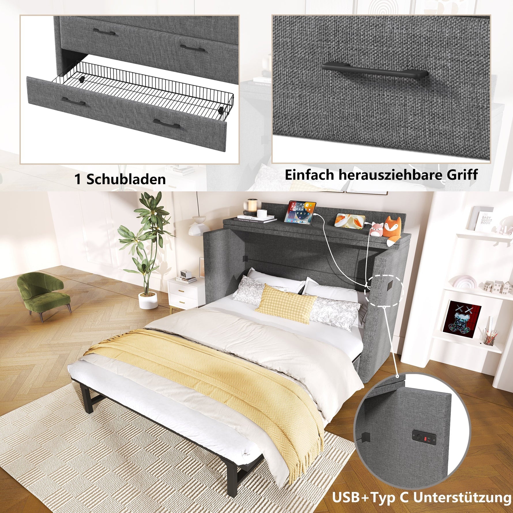 Mobile Murphy Bed with Storage and USB Ports, 140 x 200 cm, Grey Linen