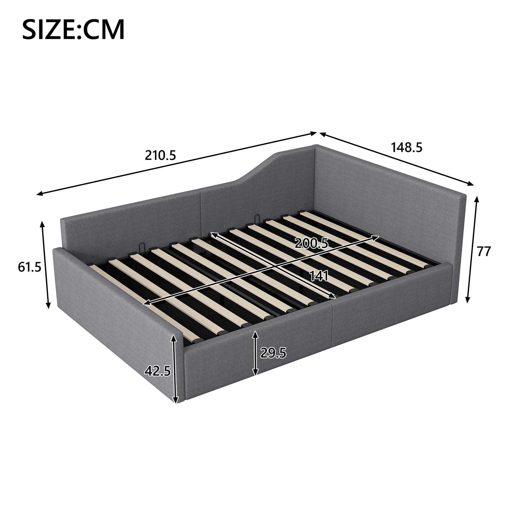 Upholstered Daybed with Underbed Storage, 140x200 cm, Grey