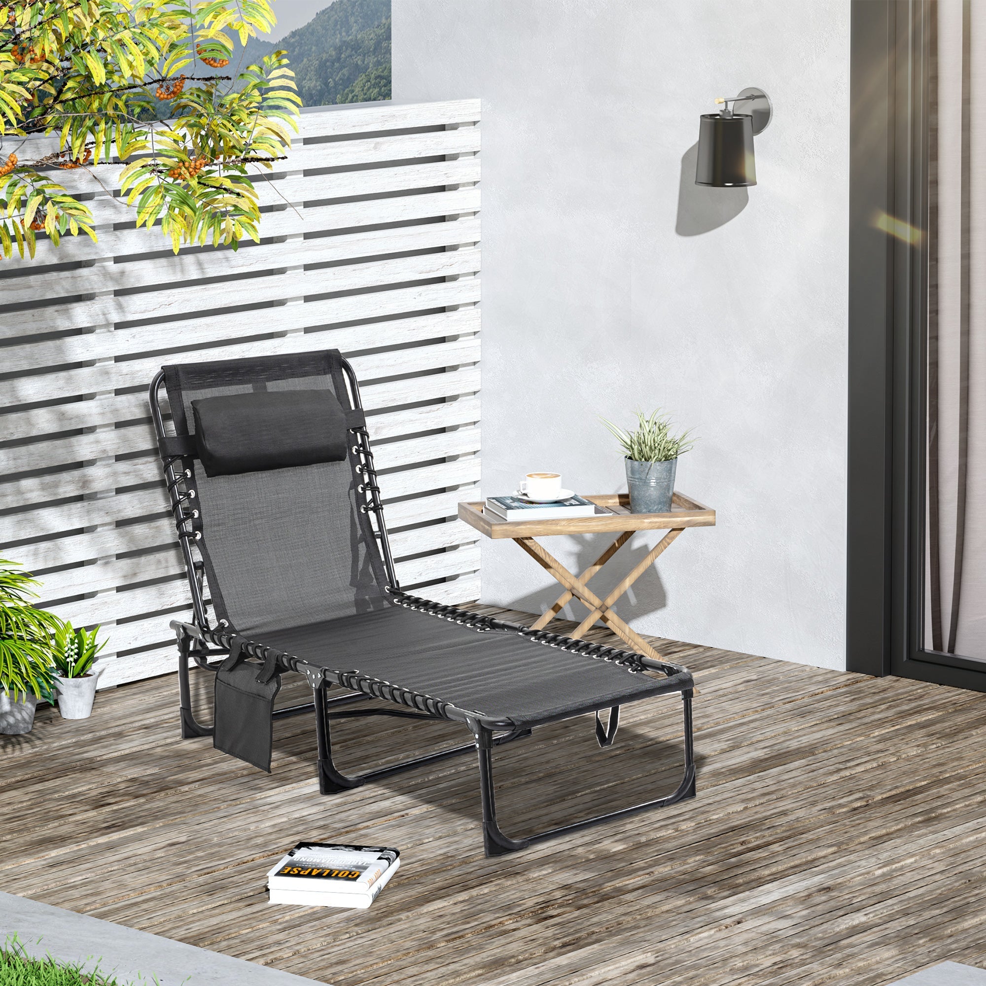 Folding Chaise Loungue Sun Lounger 5 Position Adjustable Backrest Removable Headrest Black Fabric