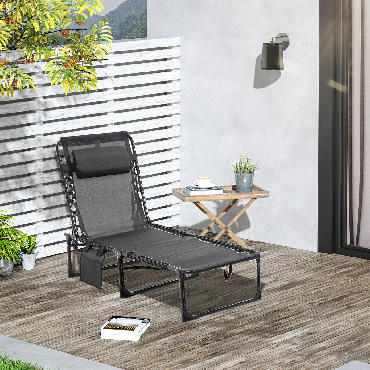 Folding Chaise Loungue Sun Lounger 5 Position Adjustable Backrest Removable Headrest Black Fabric